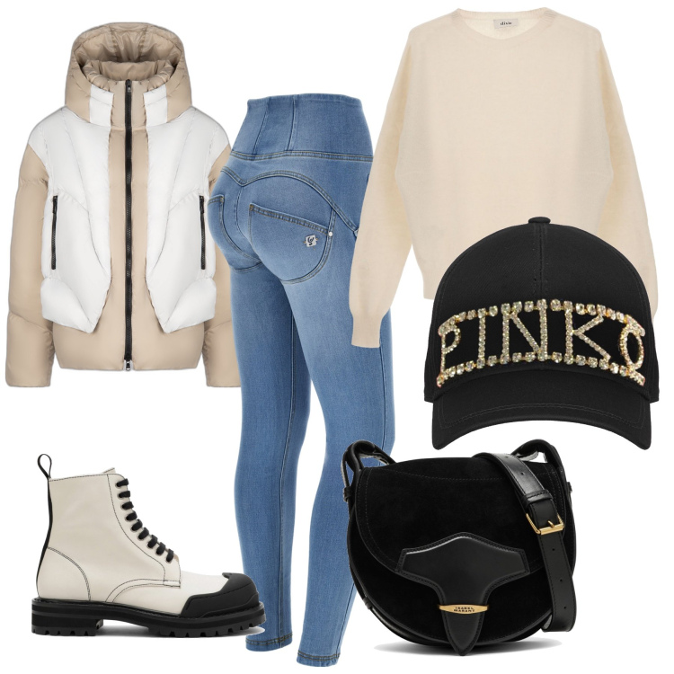 Outfit donna - Casual mood. Stile Casual per Scuola/Università. Abbinamento con cappelli con visiera, jeans skinny, pullovers, piumini, stivaletti, borse a tracolla.