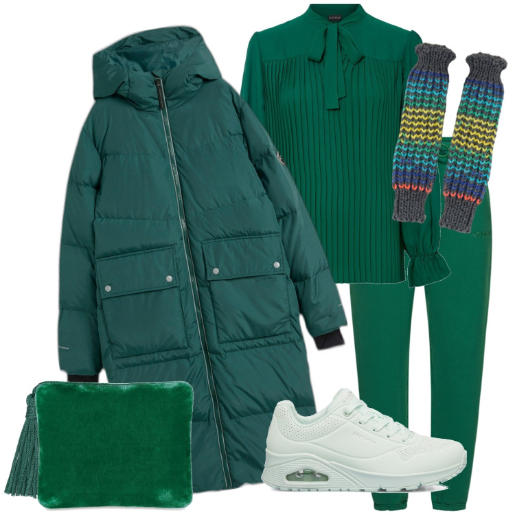 Outfit donna - Total look #1794973. Stile Casual chic per Tutti i giorni. Abbinamento con piumini, bluse, guanti, sneakers, pantaloni, pochette.