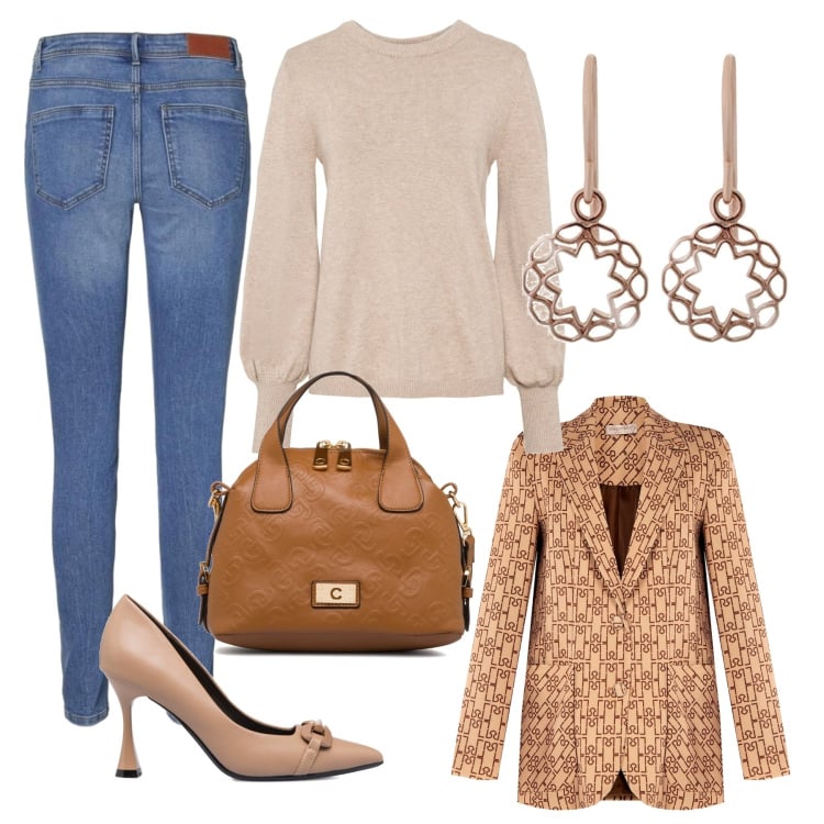 Outfit donna - Total look #1794986. Stile Casual chic per Tutti i giorni. Abbinamento con maglieria, cappotti, décolleté, borse a spalla, jeans skinny, orecchini.