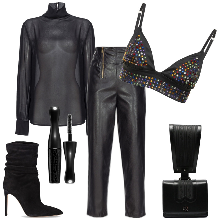 Outfit donna - Ragazze, stasera follie. Stile Rock per Serata fuori. Abbinamento con mascara, pantaloni, bluse, reggiseni, borse a mano, stivaletti.