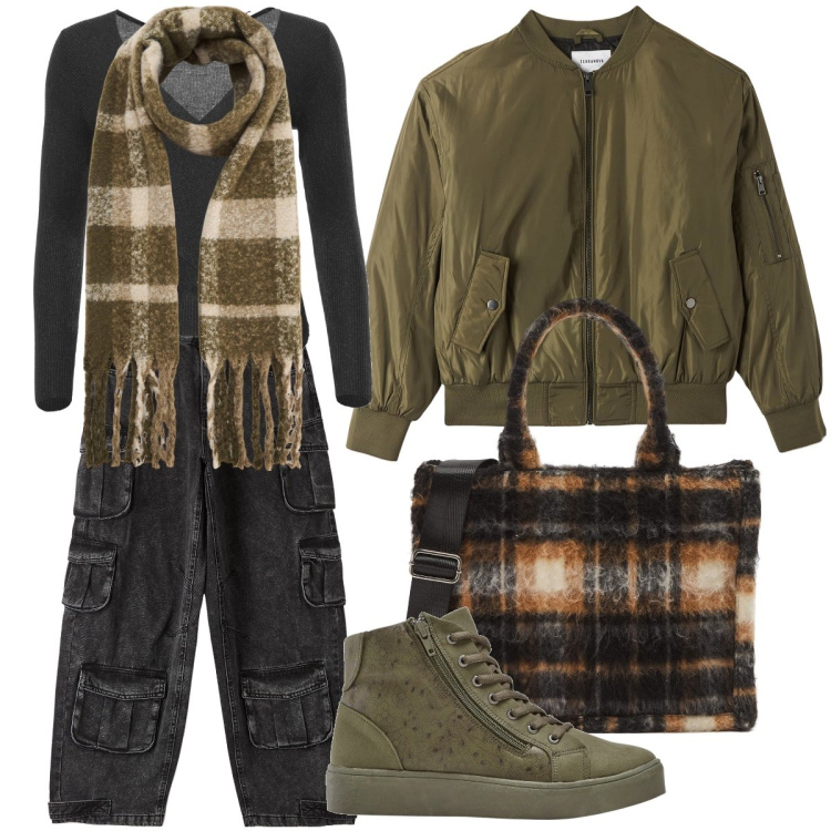 Outfit donna - Il ritorno del bomber. Stile Military per Scuola/Università. Abbinamento con sneakers alte, maglieria, shopping bag, bomber, jeans, sciarpe.