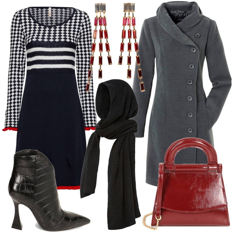 Outfit donna - Invito a cena - Curvy. Stile Urban per Serata fuori. Abbinamento con cappotti, sciarpe, orecchini, vestiti, borse a mano, stivaletti.