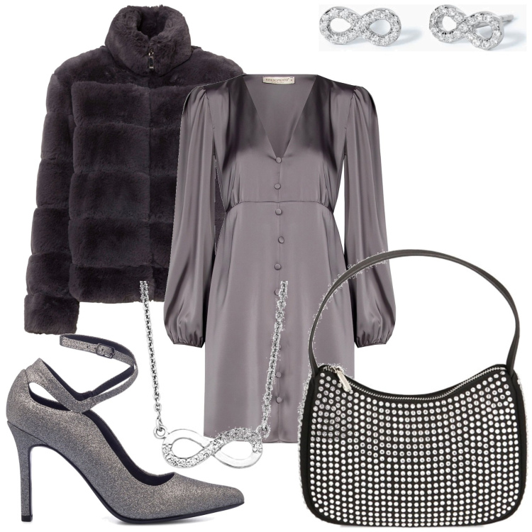 Outfit donna - In grigio elegante. Stile Chic per Cerimonia. Abbinamento con ecopellicce, orecchini, vestiti, borse a spalla, décolleté, ciondoli.