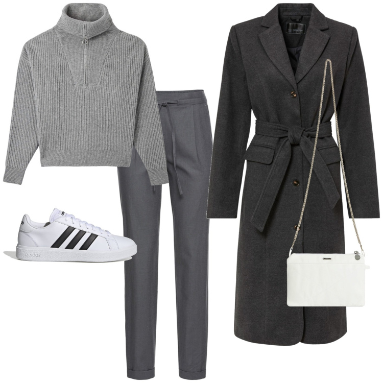 Outfit donna - Al lavoro in sneakers. Stile Casual per Ufficio. Abbinamento con pantaloni, cappotti, maglieria, clutch, sneakers.