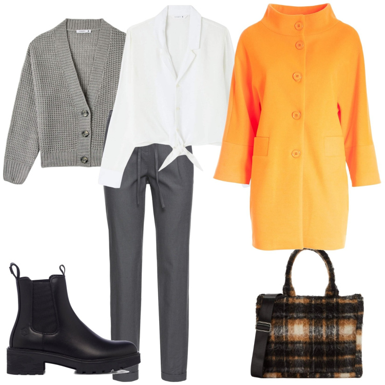 Outfit donna - Oggi stravagante. Stile Casual per Tutti i giorni. Abbinamento con pantaloni, cardigans, camicie, shopping bag, cappotti, stivaletti.
