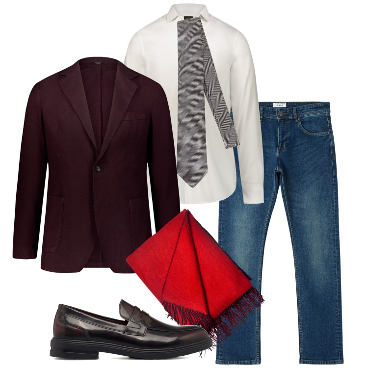 Outfit uomo - Inverno - cravatta spigata. Stile Business/Elegante per Tutti i giorni. Abbinamento con jeans dritti, cravatte, sciarpe, giacche, camicie, scarpe stringate.