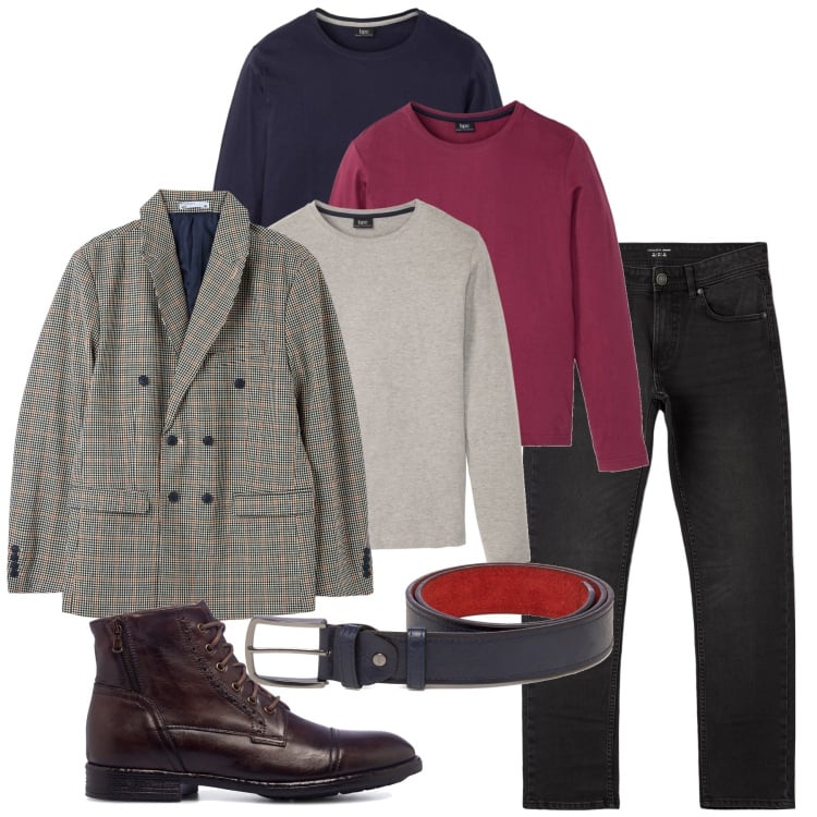 Outfit uomo - Inverno 3 pull. Stile Trendy per Serata speciale. Abbinamento con maglieria, jeans dritti, giacche, anfibi, cinture.