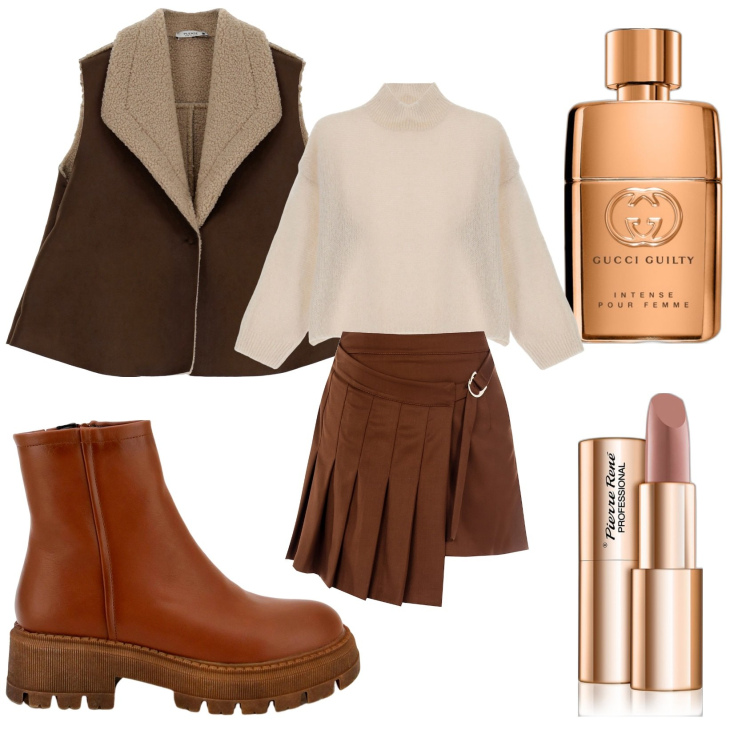 Outfit donna - Gold-Brown. Stile Casual per Tutti i giorni. Abbinamento con rossetti, profumi, minigonne, gilet, stivaletti, maglieria.