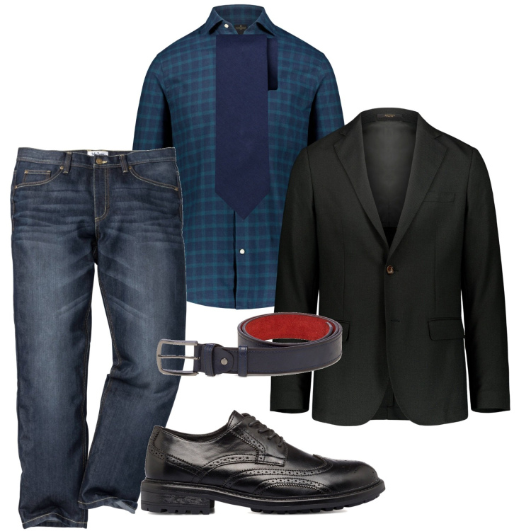 Outfit uomo - Inverno. Stile Casual per Tutti i giorni. Abbinamento con jeans dritti, cinture, scarpe stringate, giacche, cravatte, camicie.