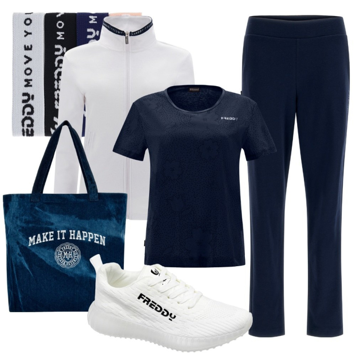 Outfit donna - Solo Freddy. Stile Sporty chic per Tutti i giorni. Abbinamento con braccialetti, sneakers, tute, shopping bag, t-shirt.