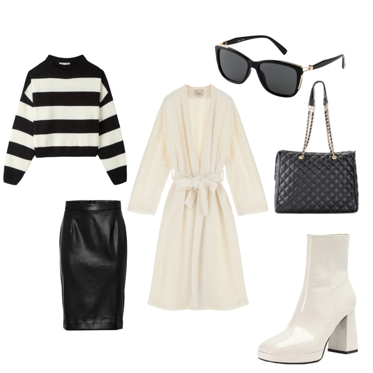 Outfit donna - B&W. Stile Casual per Tutti i giorni. Abbinamento con shopping bag, occhiali da sole, gonne longuette, maglieria, stivaletti, cappotti.