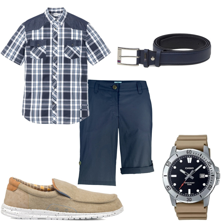 Outfit uomo - Il pomeriggio al bar del mare. Stile Urban per Tutti i giorni. Abbinamento con camicie a manica corta, bermuda, cinture, scarpe stringate, orologi.