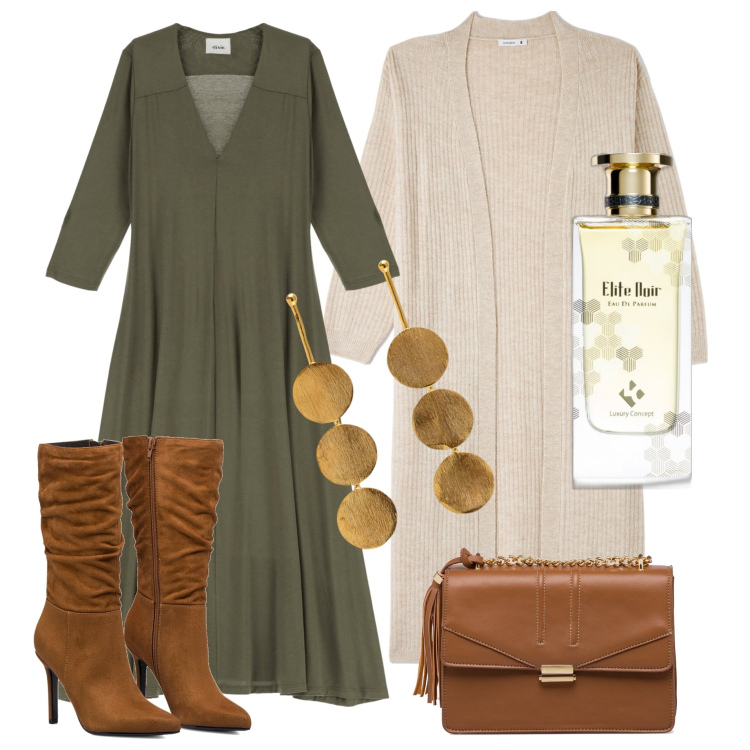Outfit donna - Look ricercato. Stile Minimal per Tutti i giorni. Abbinamento con profumi, cardigans, vestiti lunghi, stivali sopra il ginocchio, borse a tracolla, orecchini.