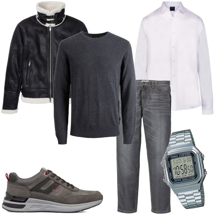 Outfit uomo - Jeans con giubbotto per un appuntamento. Stile Trendy per Tutti i giorni. Abbinamento con jeans dritti, bomber, maglieria, sneakers, camicie, orologi digitali.