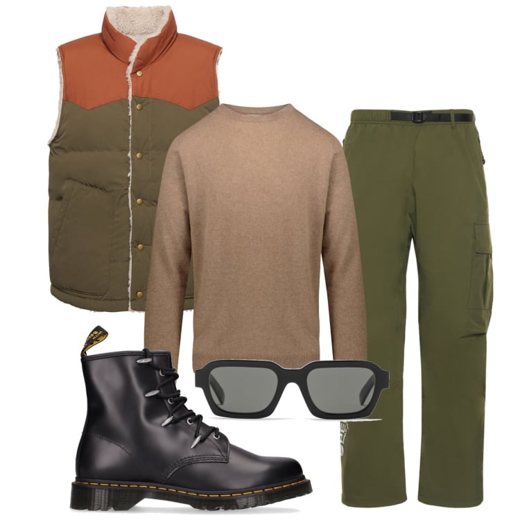 Outfit uomo - Inverno. Stile Urban per Tutti i giorni. Abbinamento con maglieria, pantaloni cargo, occhiali da sole, stivali, piumini.