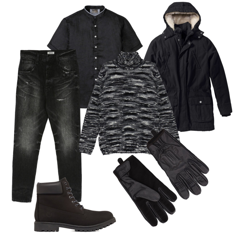 Outfit uomo - Sportivo in nero. Stile Casual per Tutti i giorni. Abbinamento con parka, camicie a manica corta, jeans slim fit, maglieria, stivali e stivaletti, guanti.