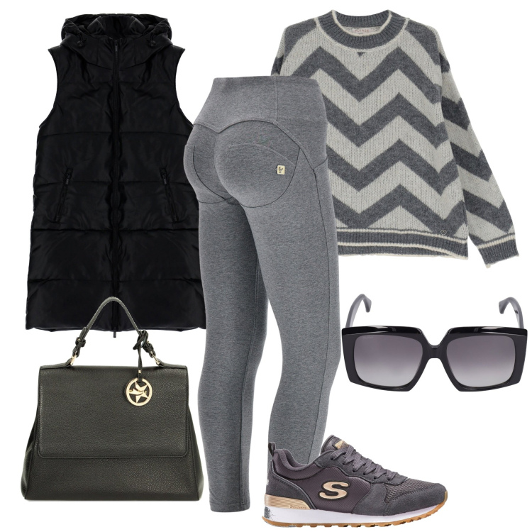 Outfit donna - Sporty. Stile Sporty chic per Tutti i giorni. Abbinamento con sneakers, piumini, maglieria, pantaloni skinny, borse a mano, occhiali da sole.