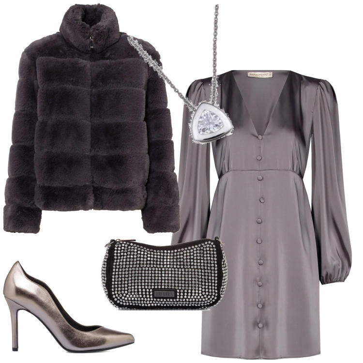 Outfit donna - Serata bon ton chic. Stile Glamour per Serata fuori. Abbinamento con ecopellicce, vestiti, clutch, décolleté, ciondoli.