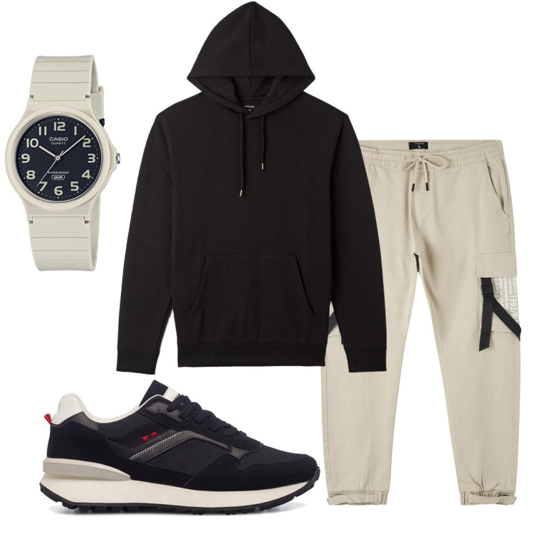 Outfit uomo - Total look #1795148. Stile Casual per Tutti i giorni. Abbinamento con pantaloni cargo, felpe con cappuccio, sneakers, orologi.