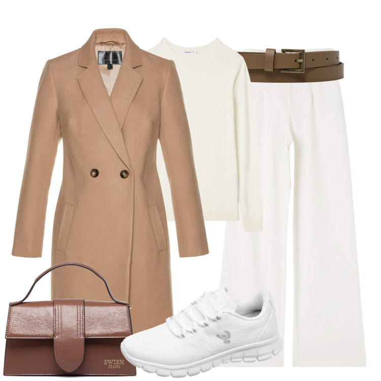 Outfit donna - Sporty chic. Stile Sporty chic per Tutti i giorni. Abbinamento con cappotti, pantaloni, maglieria, sneakers, borse a mano, cinture.