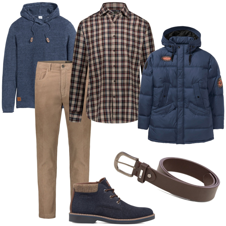 Outfit uomo - Pranzo con gli amici. Stile Trendy per Tutti i giorni. Abbinamento con maglieria, cappotti, cinture, stivali e stivaletti, pantaloni, camicie.