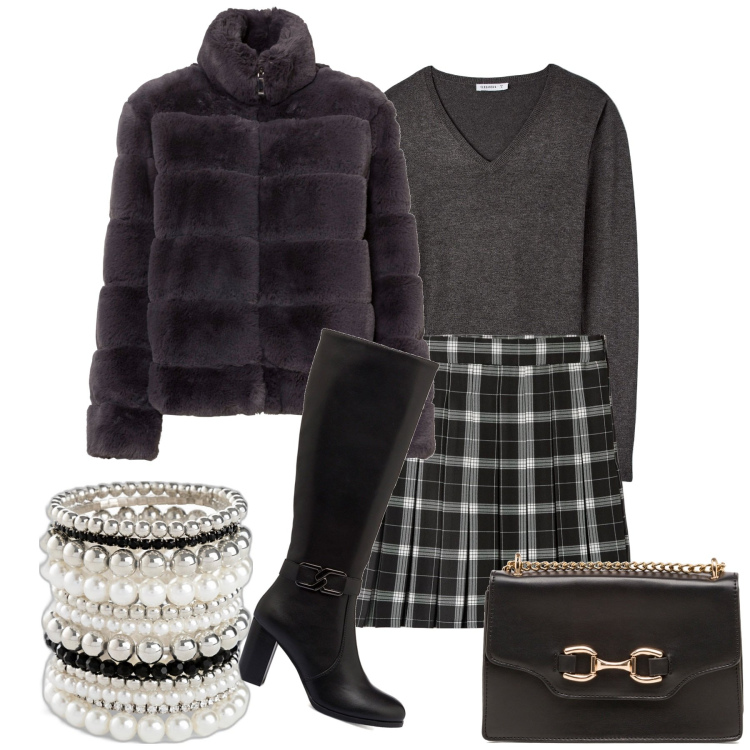Outfit donna - In città. Stile Preppy per Tutti i giorni. Abbinamento con ecopellicce, braccialetti, minigonne, maglieria, borse a tracolla, stivali.