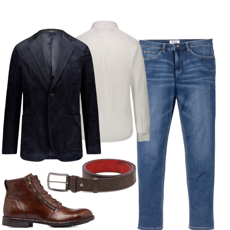 Outfit uomo - Business casual. Stile Casual per Tutti i giorni. Abbinamento con jeans, anfibi, cinture, giacche, camicie.