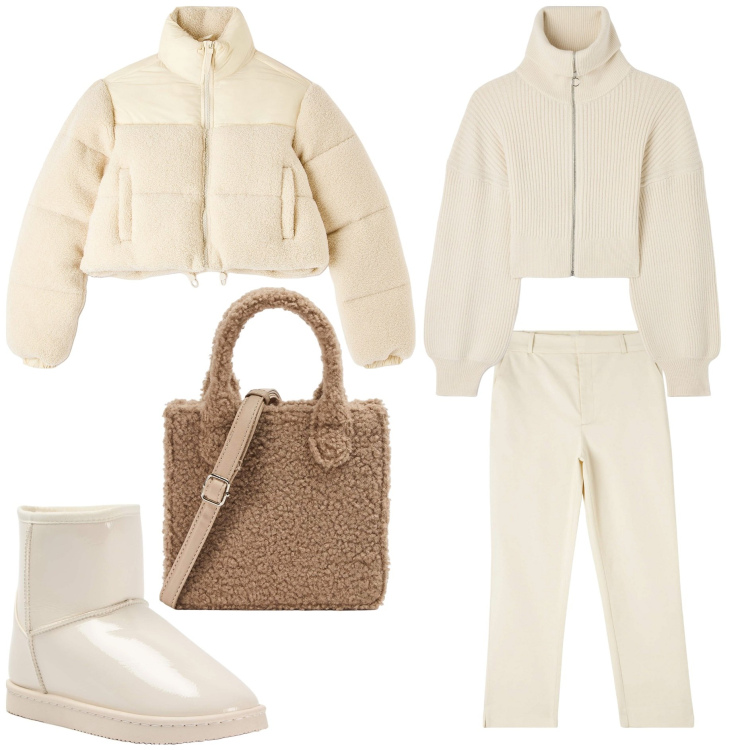 Outfit donna - Saldi Terranova. Stile Trendy per Tutti i giorni. Abbinamento con pantaloni chino, maglieria, shopping bag, piumini, stivaletti.