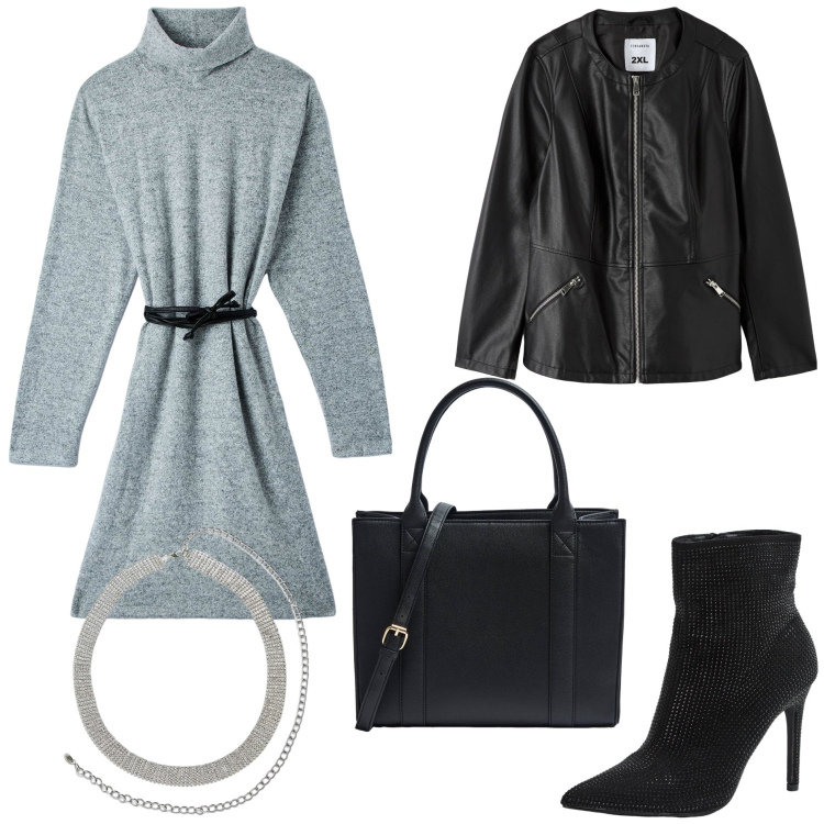 Outfit donna - Saldi curvy Terranova. Stile Trendy per Ufficio. Abbinamento con cinture, blazer, vestiti, stivaletti, shopping bag.