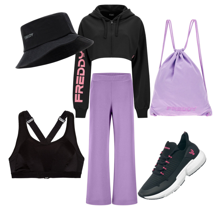 Outfit donna - Freddy in saldi. Stile Sporty chic per Sport. Abbinamento con reggiseni, pantaloni a palazzo, cappelli, felpe con cappuccio, zaini, sneakers.