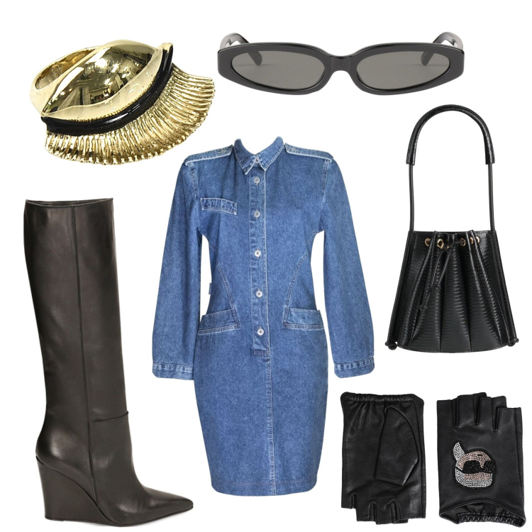 Outfit donna - Primadonna - Speciale saldi invernali. Stile Urban per Tutti i giorni. Abbinamento con guanti, anelli, borse a secchiello, occhiali da sole, vestiti chemisier, stivali sopra il ginocchio.