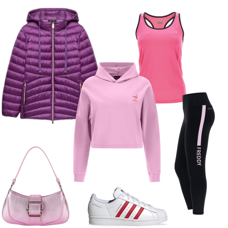 Outfit donna - Sporty Glam. Stile Sporty chic per Tutti i giorni. Abbinamento con piumini, canottiere, leggings sportivo, felpe con cappuccio, sneakers, borse a spalla.
