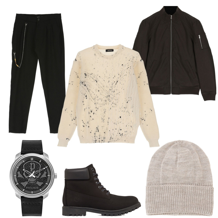 Outfit uomo - Camminando fra gli alberi innevati. Stile Trendy per Tutti i giorni. Abbinamento con pantaloni, pullovers, cappotti, berretti, stivali e stivaletti, orologi.