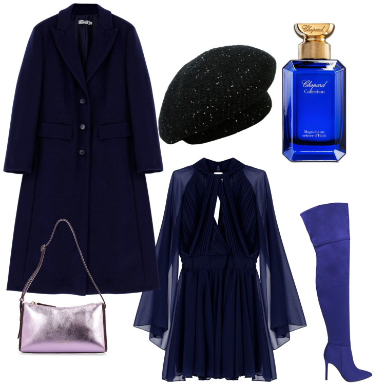 Outfit donna - By nigth chic. Stile Glamour per Serata fuori. Abbinamento con profumi, cappotti, stivali, vestiti corti, cappelli e berretti, borse a spalla.