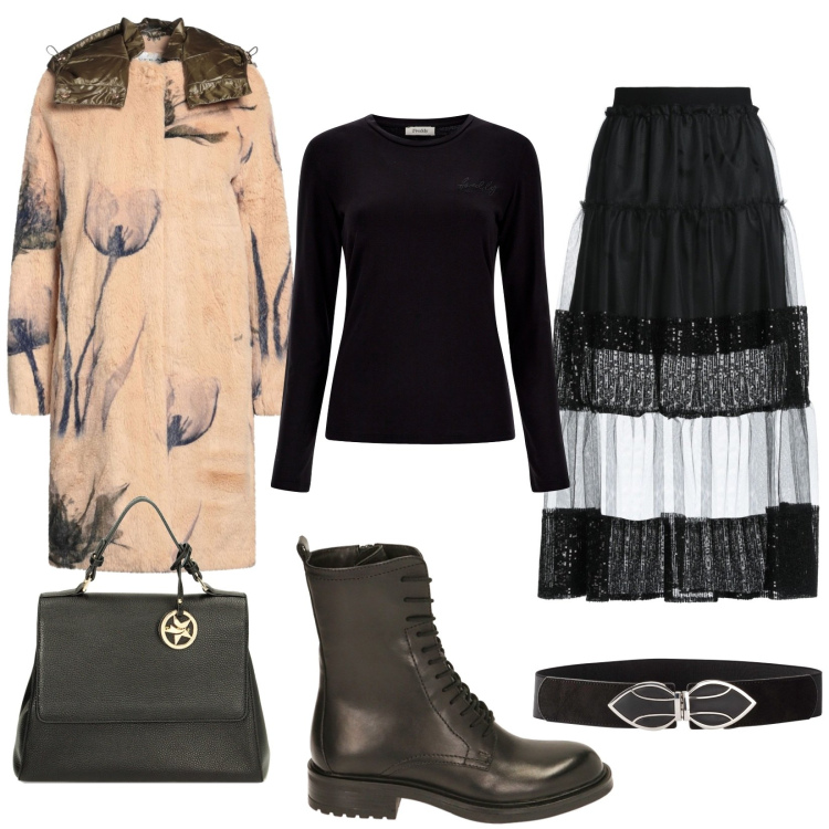 Outfit donna - Madelaine. Stile Glamour per Tutti i giorni. Abbinamento con cinture, gonne longuette, cappotti, anfibi, borse a mano, t-shirt.
