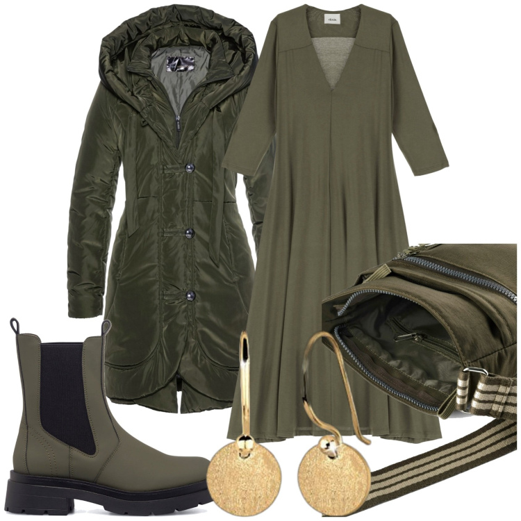 Outfit donna - Vestito verde militare trendy. Stile Trendy per Tutti i giorni. Abbinamento con blazer, borse a tracolla, vestiti lunghi, stivaletti, orecchini.
