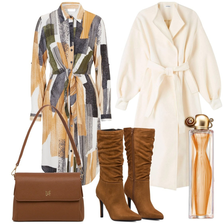 Outfit donna - Il cappotto candido. Stile Glamour per Ufficio. Abbinamento con vestiti chemisier, profumi, cappotti, stivali sopra il ginocchio, borse a tracolla.