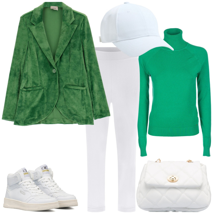 Outfit donna - Verde e bianco. Stile Casual per Tutti i giorni. Abbinamento con cappelli, maglieria, pantaloni, giacche, sneakers alte, borse a tracolla.