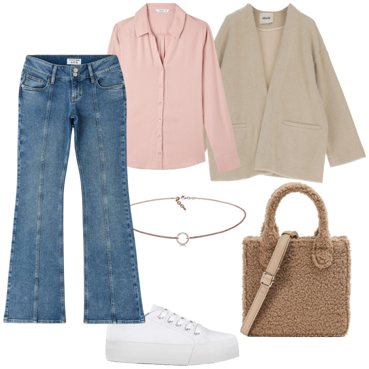 Outfit donna - In primavera. Stile Glamour per Tutti i giorni. Abbinamento con sneakers, camicie, shopping bag, jeans a zampa, cappotti, collane.