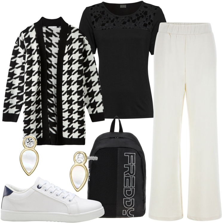 Outfit donna - Total look #1795322. Stile Casual per Tutti i giorni. Abbinamento con pullover in ciniglia, sneakers, cardigans, zaini, pantaloni a palazzo, orecchini.