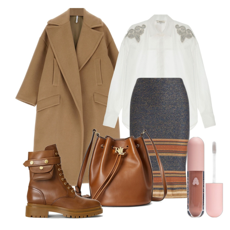 Outfit donna - Ghost outfitter - gennaio. Stile Trendy per Tutti i giorni. Abbinamento con gloss, cappotti, stivaletti, gonne longuette, borse a secchiello, camicie.