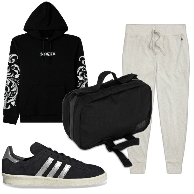Outfit uomo - Total look #1795349. Stile Trendy per Tutti i giorni. Abbinamento con felpe con cappuccio, pantaloni, sneakers, borse sportive.