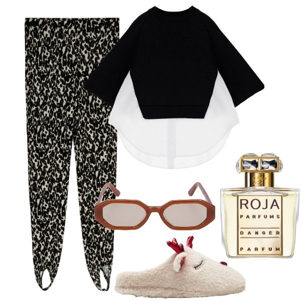 Outfit donna - Total look #1795385. Stile Basic per Tutti i giorni. Abbinamento con pantofole, profumi, maglieria, leggings, occhiali da sole.
