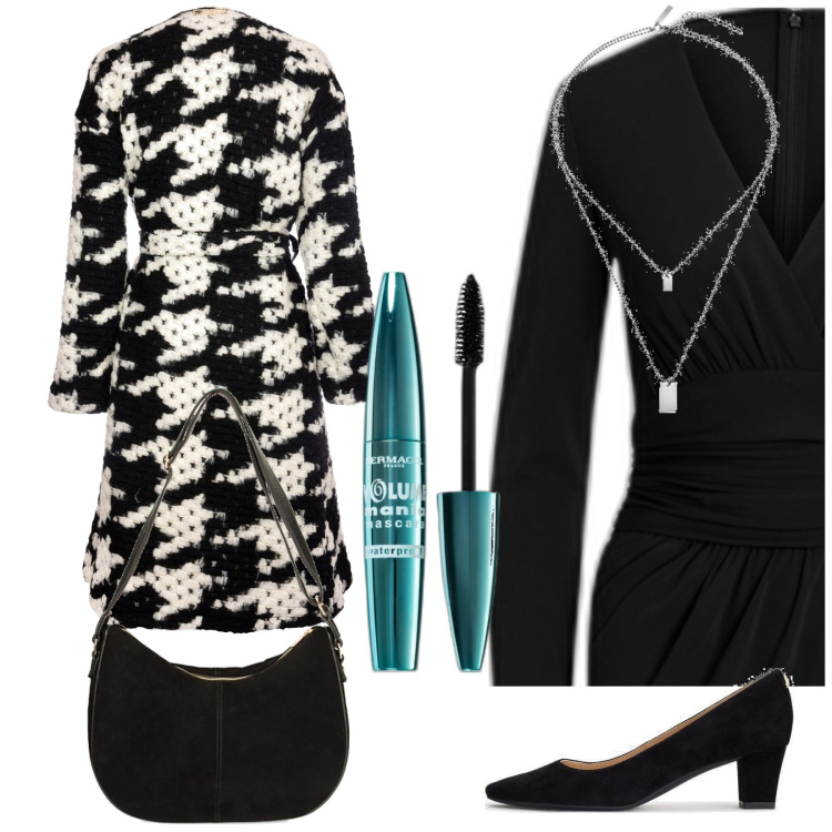 Outfit donna - A Cena. Stile Chic per Serata fuori. Abbinamento con mascara, cappotti, borse a spalla, vestiti asimmetrici, décolleté, ciondoli.