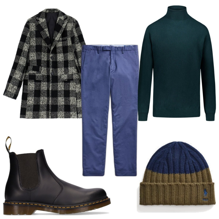 Outfit uomo - Total look #1795405. Stile Casual per Tutti i giorni. Abbinamento con cappotti, pantaloni chino, berretti, maglieria, stivali e stivaletti.
