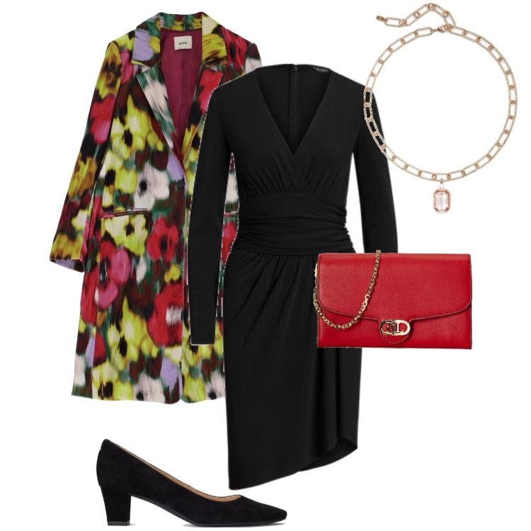 Outfit donna - Il cappotto che sdrammatizza. Stile Bon Ton per Serata fuori. Abbinamento con giacche, borse a tracolla, décolleté, ciondoli, vestiti asimmetrici.