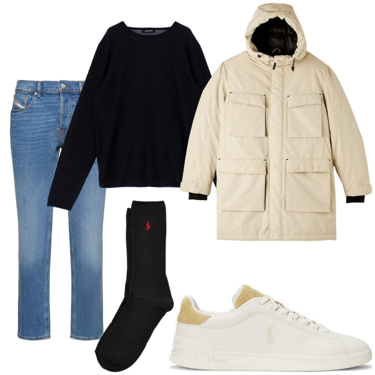 Outfit uomo - Total look #1795425. Stile Casual per Tutti i giorni. Abbinamento con parka, maglieria, calzini, sneakers, jeans.