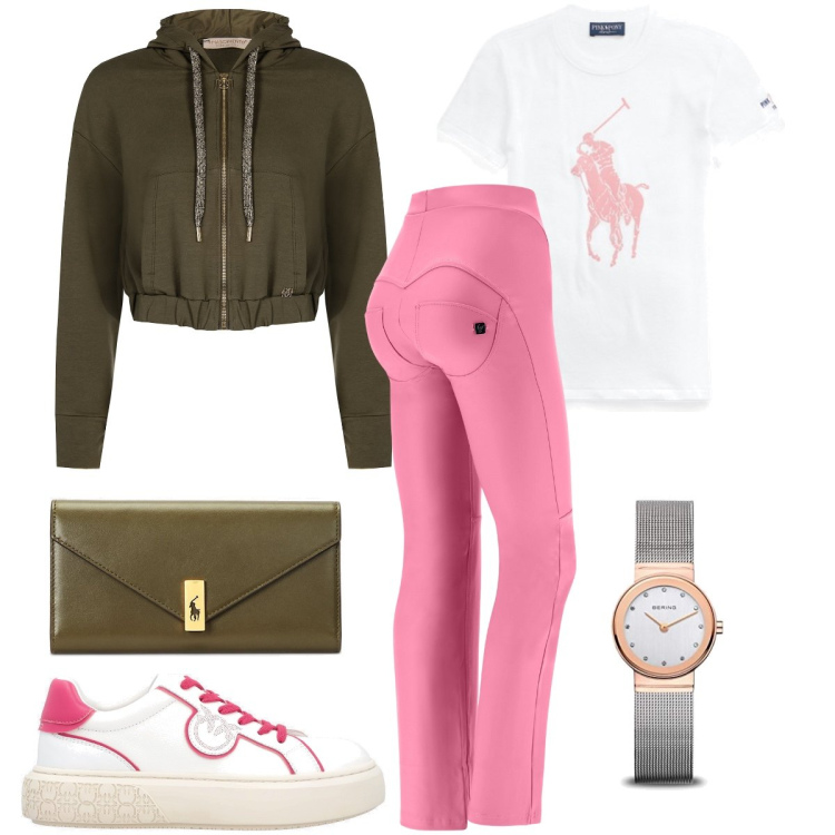Outfit donna - Sporty chic. Stile Sporty chic per Tutti i giorni. Abbinamento con sneakers, felpe con cappuccio, pantaloni, portafogli, t-shirt, orologi.