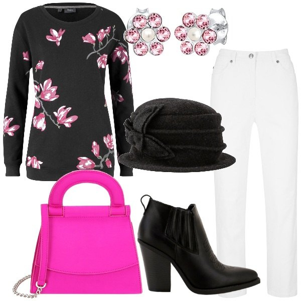 Outfit donna - Fiori per gennaio. Stile Glamour per Serata fuori. Abbinamento con pantaloni, felpe, cappelli, stivaletti, borse a mano, orecchini.