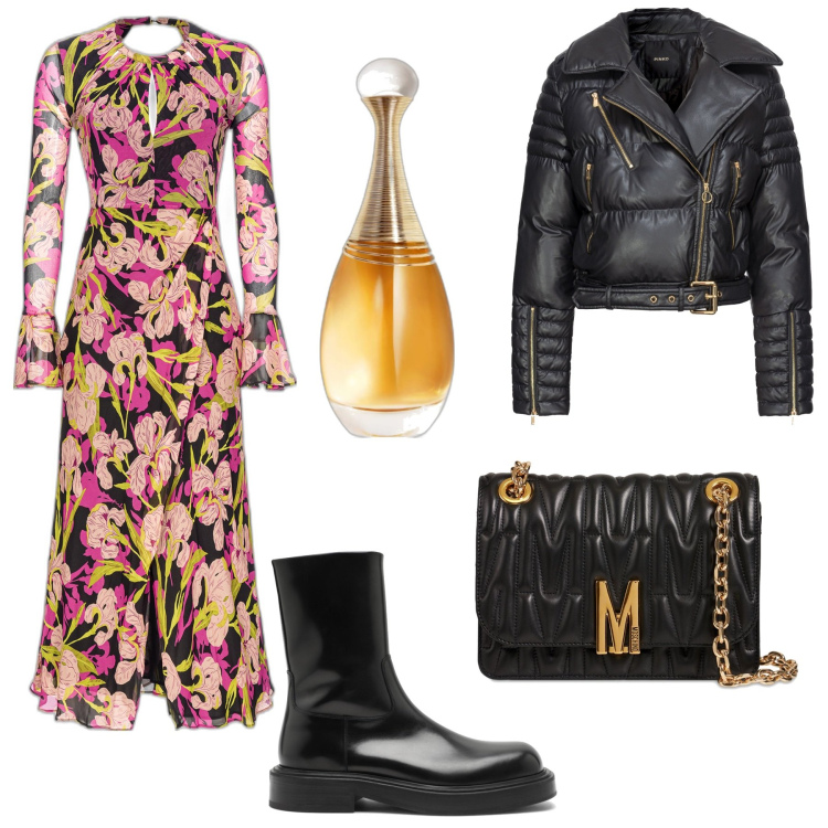 Outfit donna - Fiori Rock. Stile Rock per Serata fuori. Abbinamento con profumi, cappotti, vestiti lunghi, stivaletti, borse a spalla.